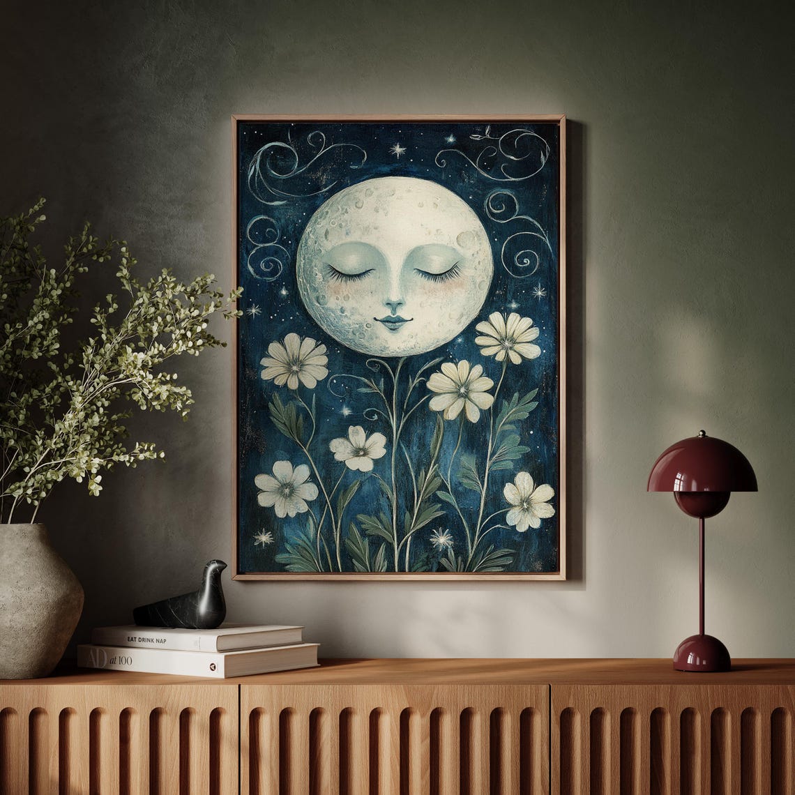 Smiling Sleeping Moon Over Wildflowers Starry Night Folk Art Poster - Image 7
