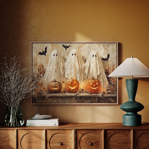Three Sheet Ghosts With Glowing Pumpkins Vintage Halloween Poster