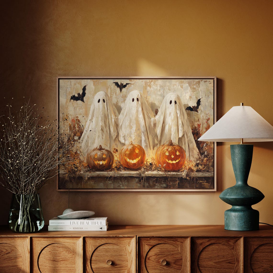 Three Sheet Ghosts With Glowing Pumpkins Vintage Halloween Poster