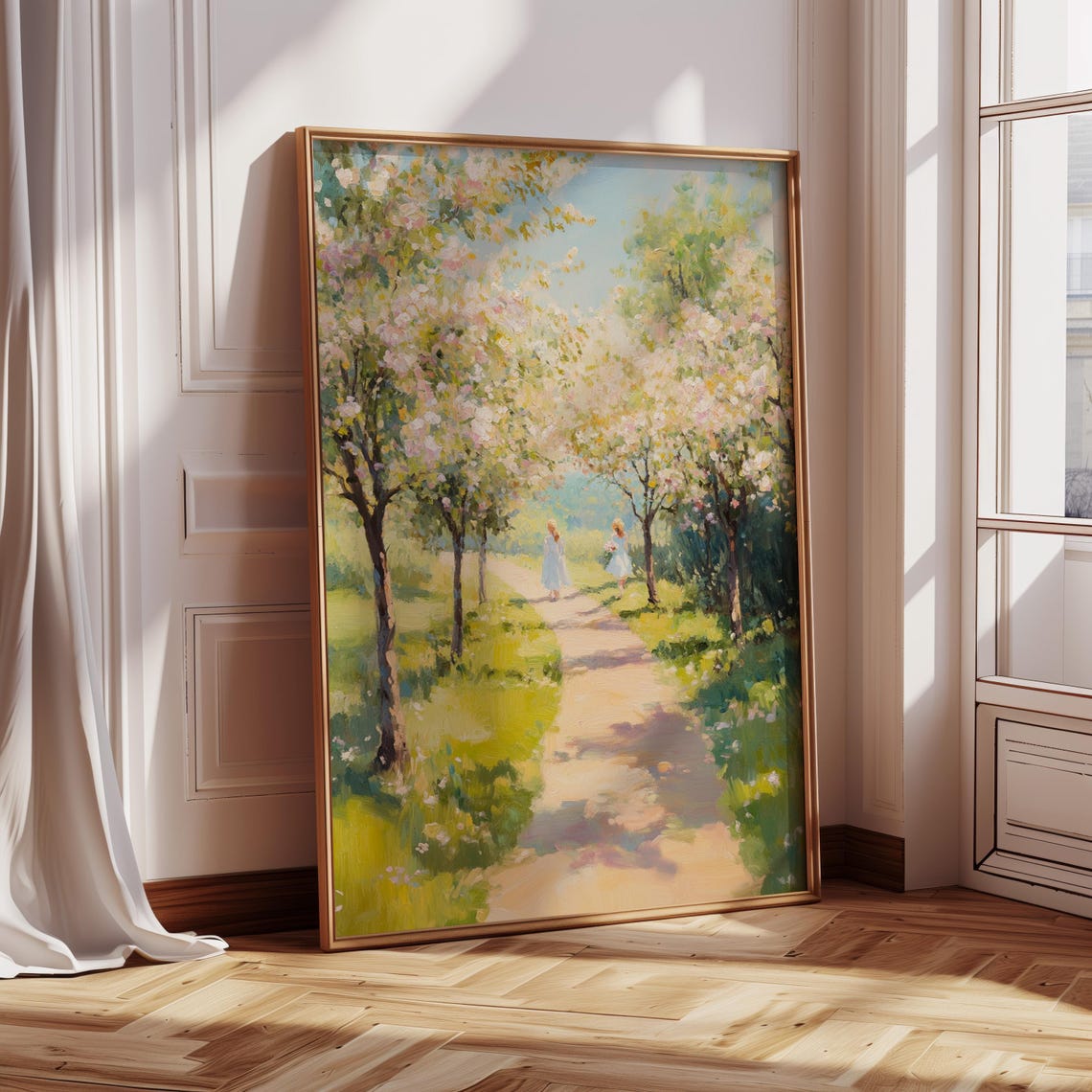 Spring Blossom Pathway With Two Figures Impressionist Walk Poster - Image 3