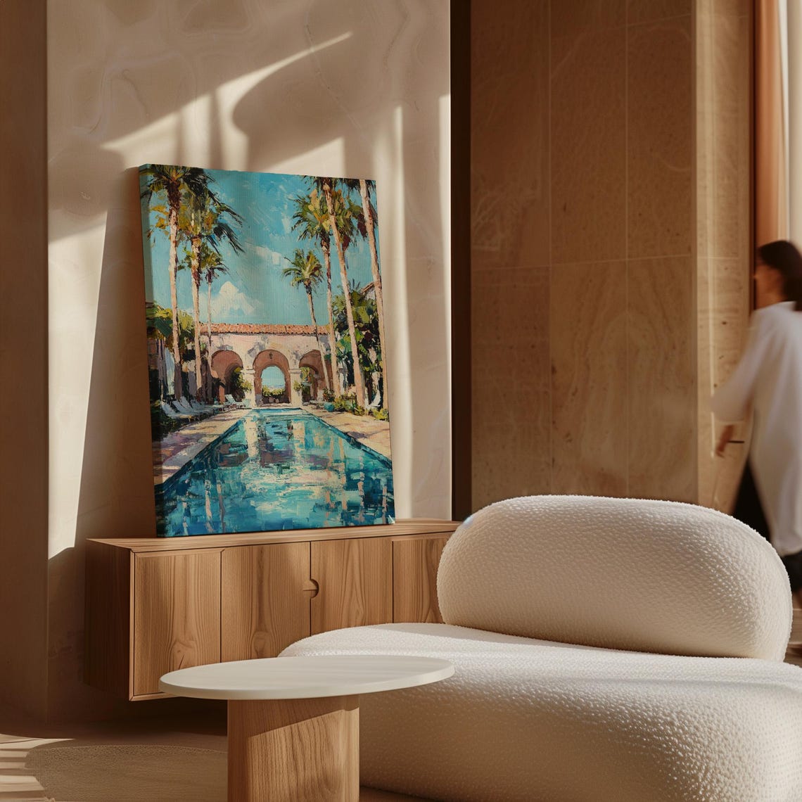 Elegant Mediterranean Pool Serene Villa Retreat With Palm Trees Archways And Bright Blue Sky For Luxe Tropical Wall Art - Image 5