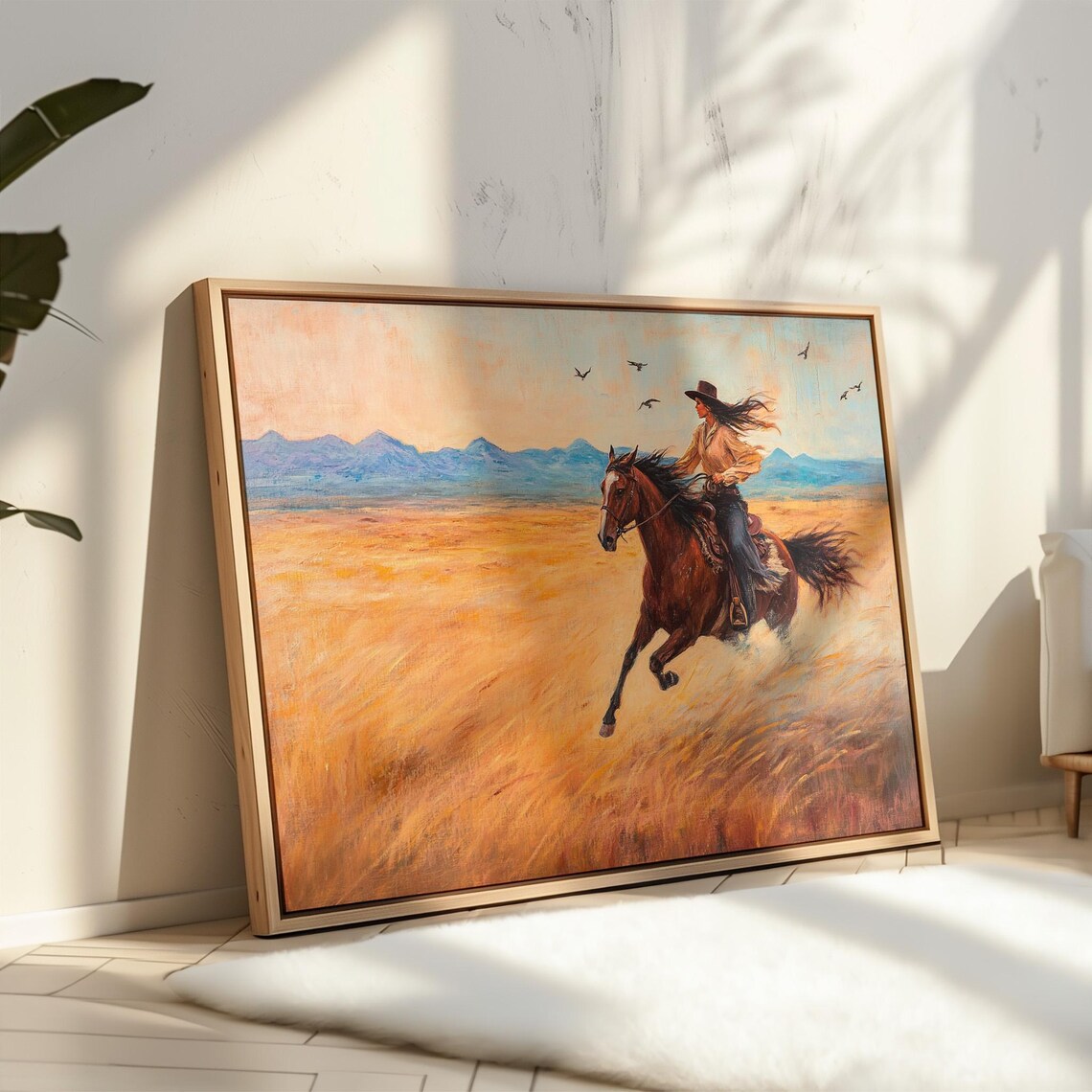 Cowgirl Galloping Horse Through Golden Wheat Field Sunset Poster