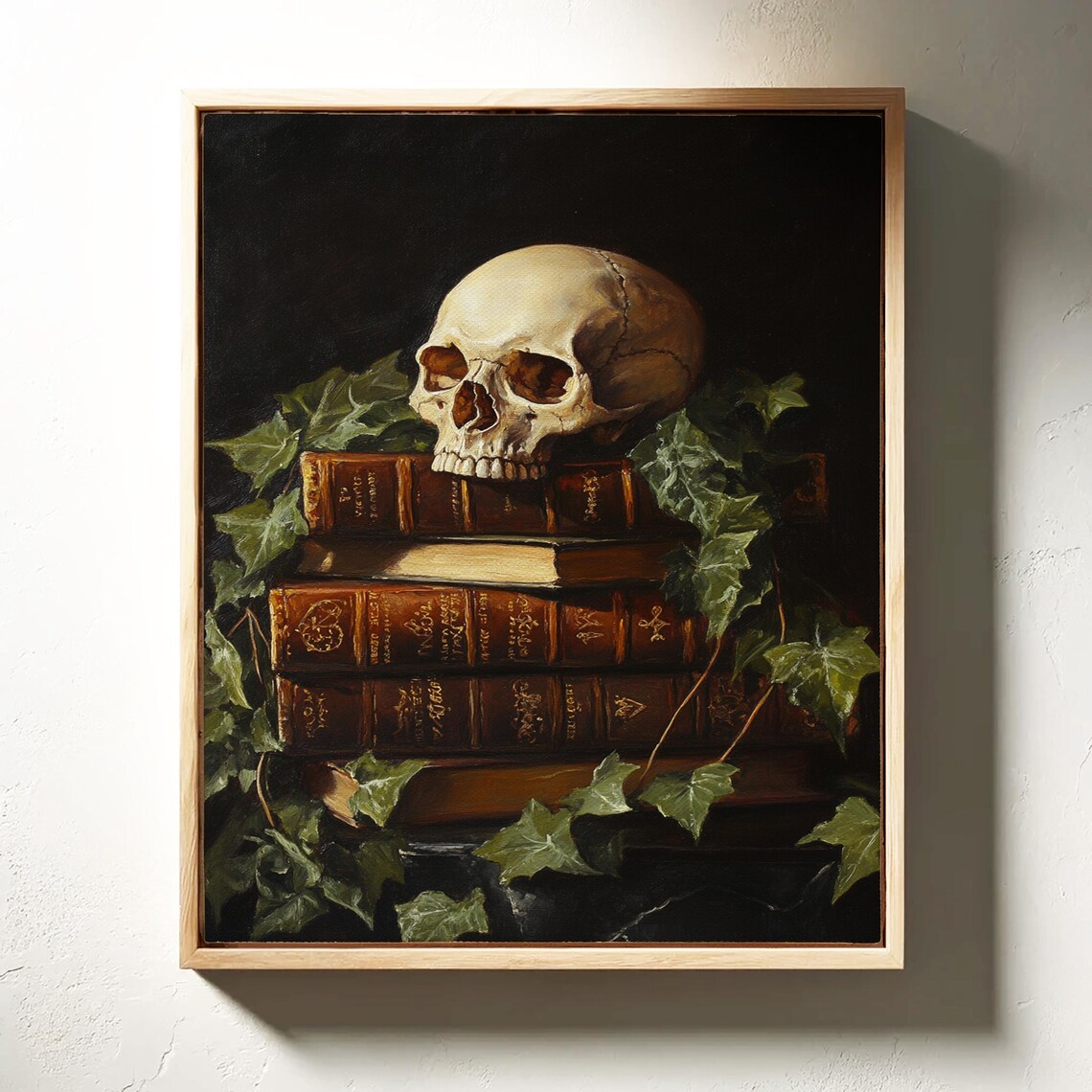 Classic Skull Still Life On Stack Of Antique Books With Dark Ivy Poster - Image 3