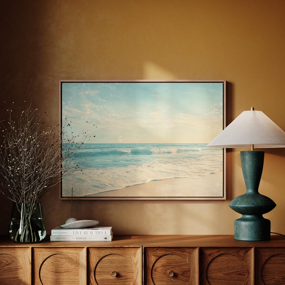 Serene Beach with Turquoise Waves and Golden Sand Art Poster - Image 4