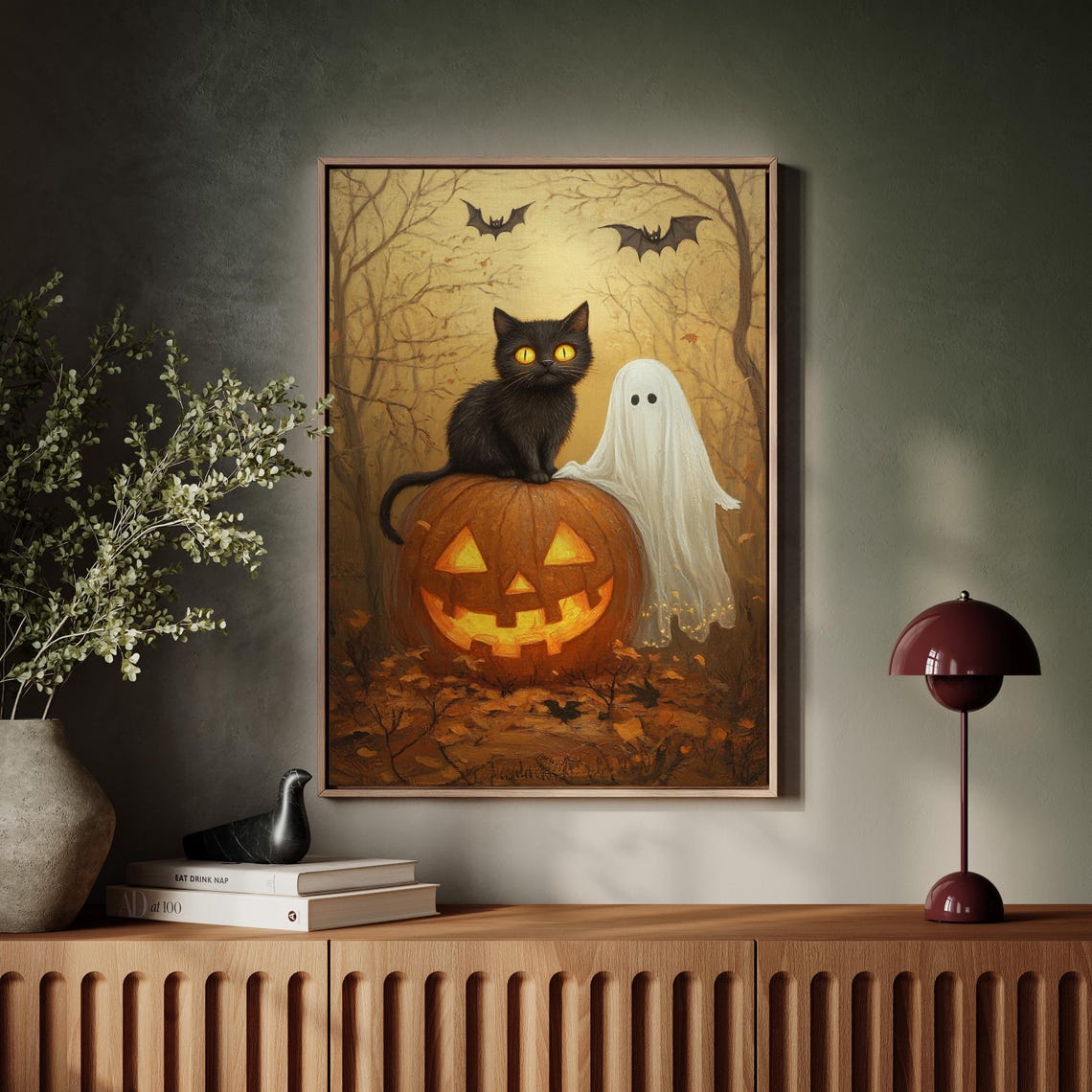 Halloween Black Cat Ghost Pumpkin Spooky Woods Vintage Wall Print - Image 3