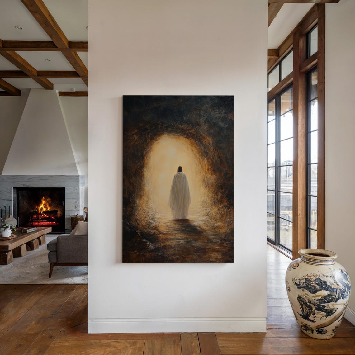 Robed Figure Walking Into Radiant Light Through Darkness Poster - Image 4