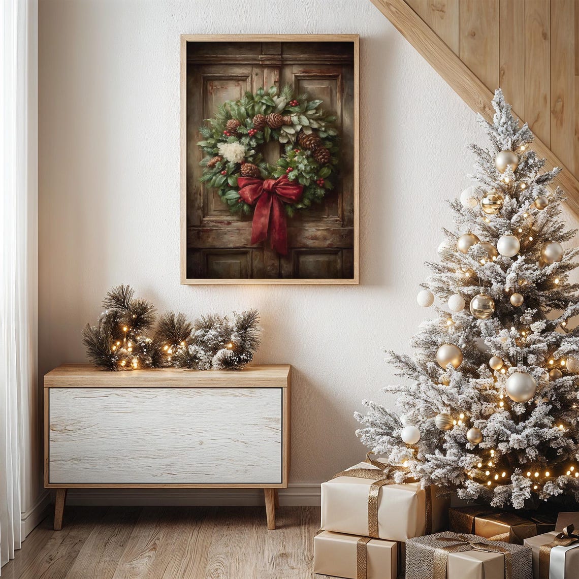 Christmas Wreath Poster Red Bow And Pinecones Rustic Holiday Art