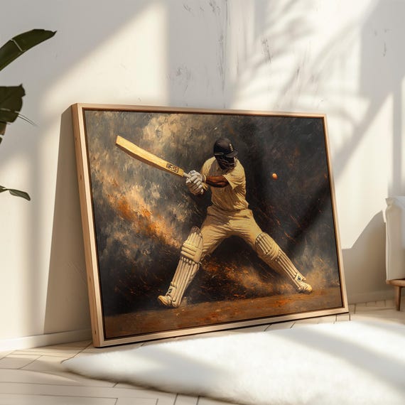 Cricket Wall Art Vintage Oil Painting Sports Poster Cricket Player Athletic Action Print Cricket Decor Gift For Cricket Fans