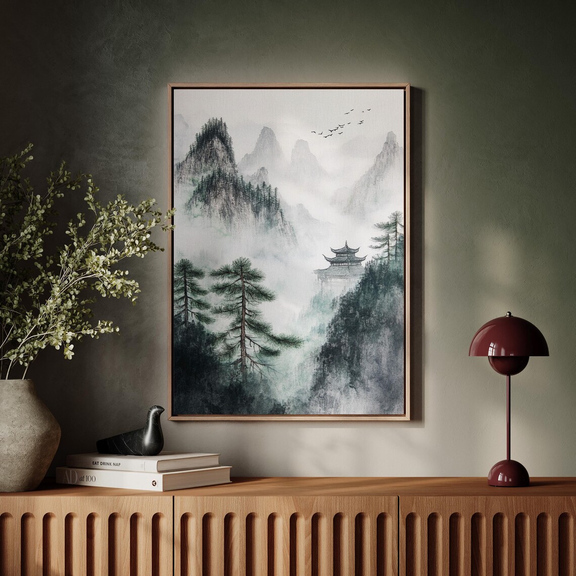 Misty Mountain Pagoda, Japanese Ink Wash Landscape - Image 5