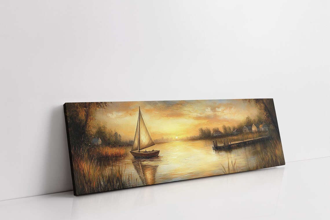 Serene Sunset Sailboat, Peaceful Lakeside Landscape - Image 3