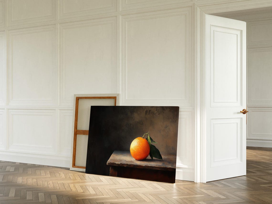 Single Orange on Rustic Wooden Table Chiaroscuro Still Life Poster - Image 4
