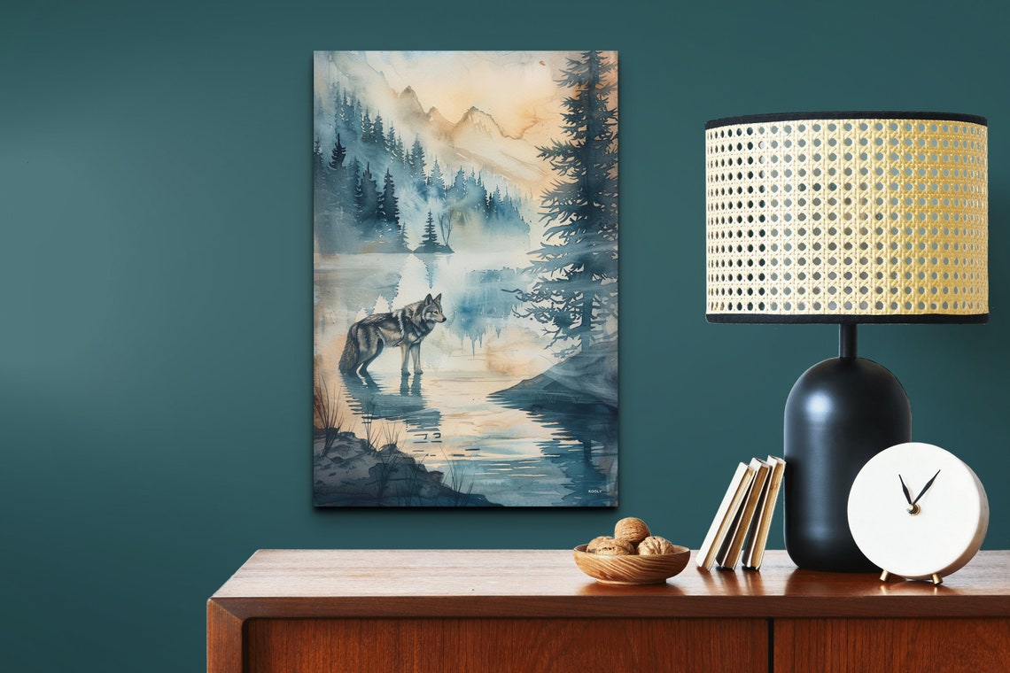 Watercolor Wolf at a Misty Mountain Lake Naturescape Wall Art