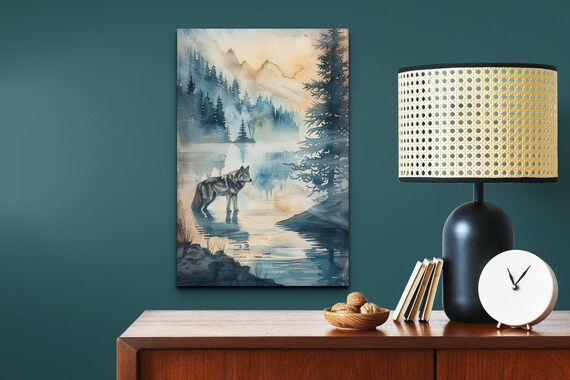 Watercolor Wolf at a Misty Mountain Lake Naturescape Wall Art