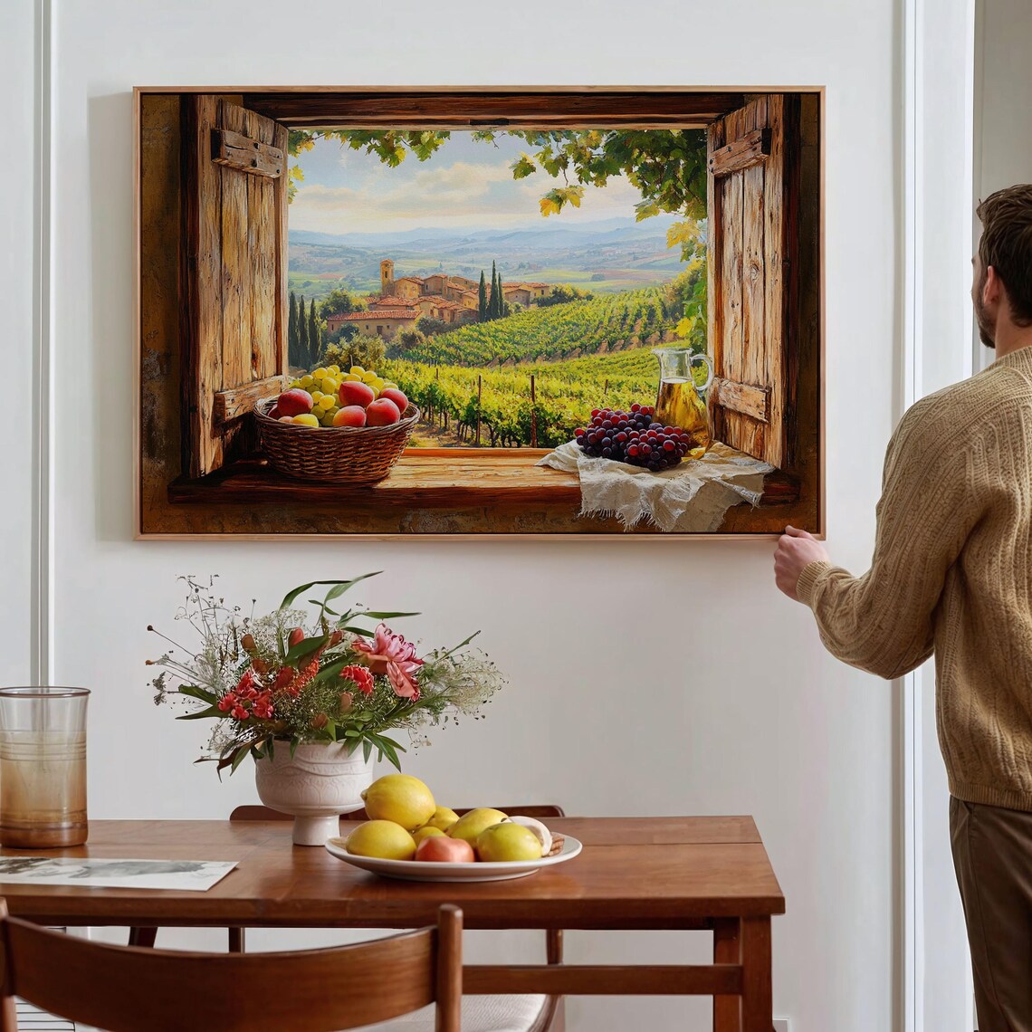 Tuscany Vineyard Window View, Rustic Italian Art Print