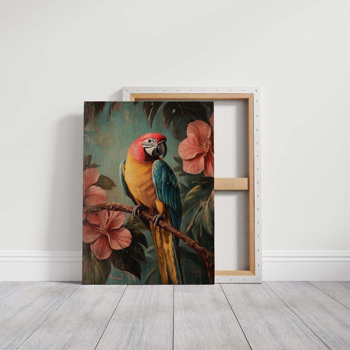 Scarlet Macaw Perched on a Branch With Pink Hibiscus Blooms Poster - Image 3