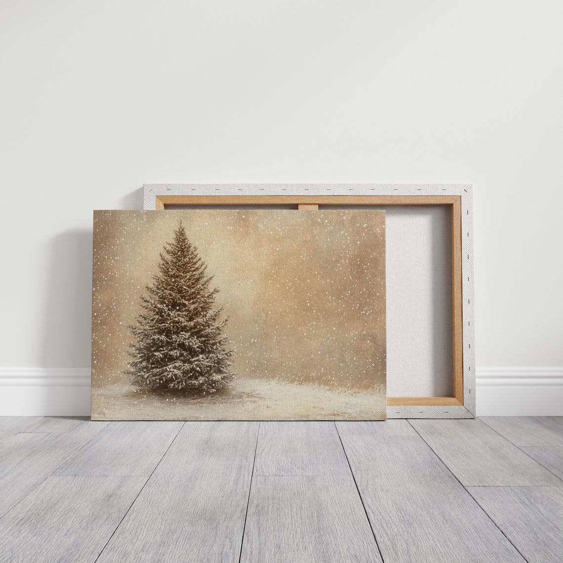 Lone Snowy Evergreen Tree In Snowstorm Sepia Minimal Winter Poster - Image 3