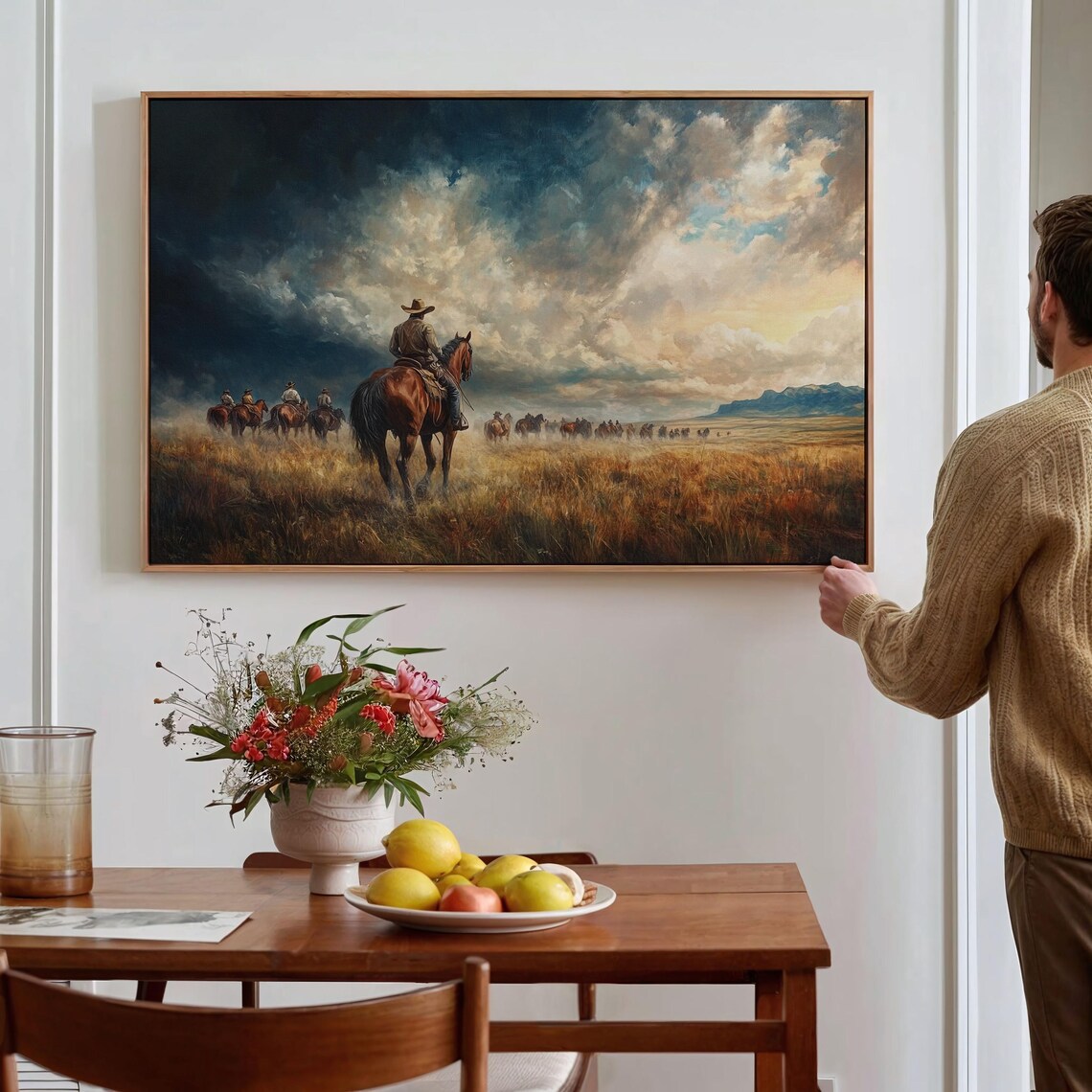 Cowboys Herding Cattle Across Windswept Prairie Western Poster - Image 3
