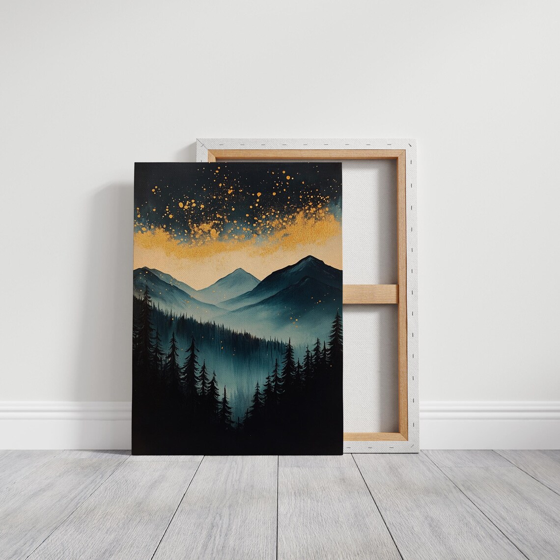Starry Sky and Blue Mountain, Misty Forest Art - Image 3