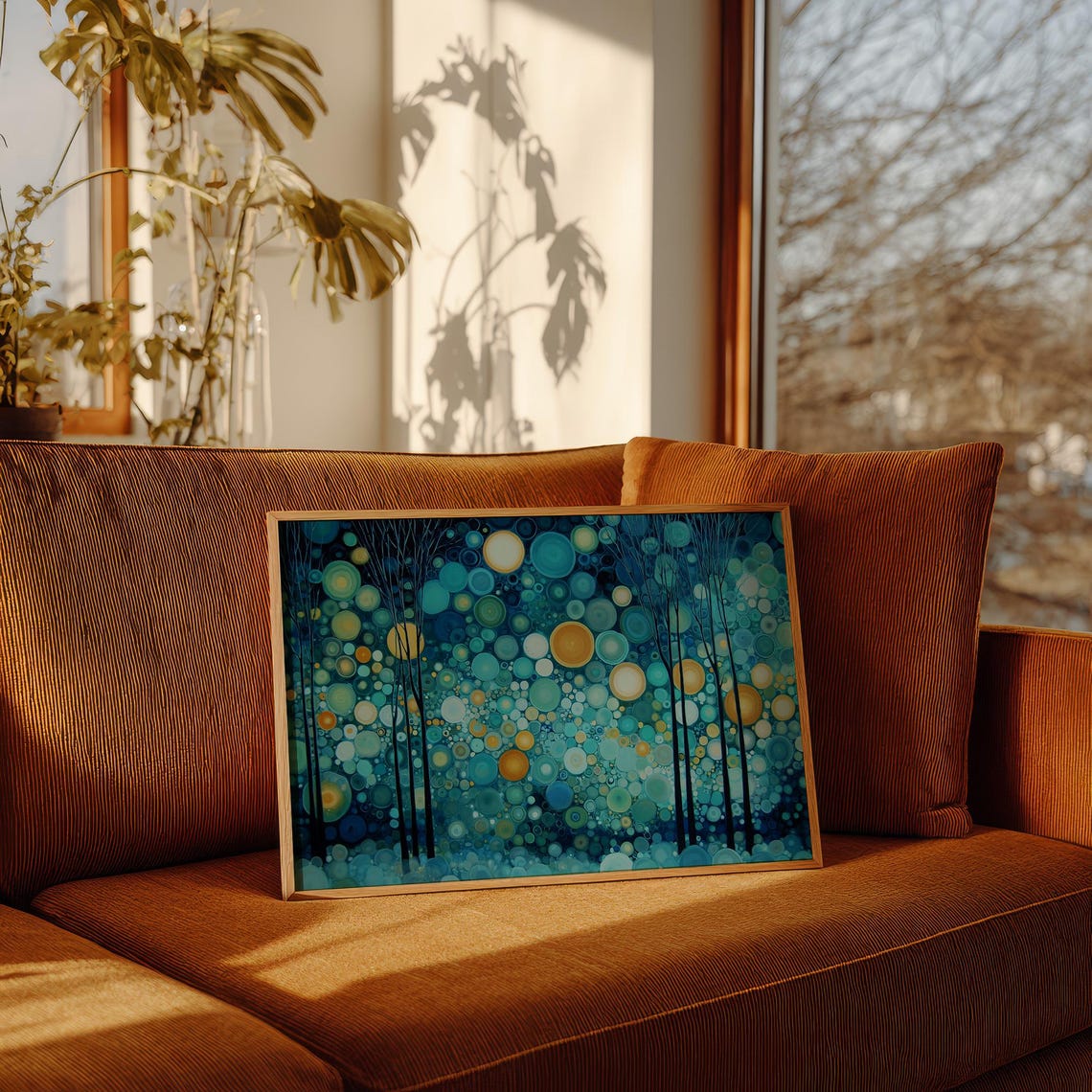Midnight Forest Glow Teal Gold Dotted Abstract Trees Art Poster
