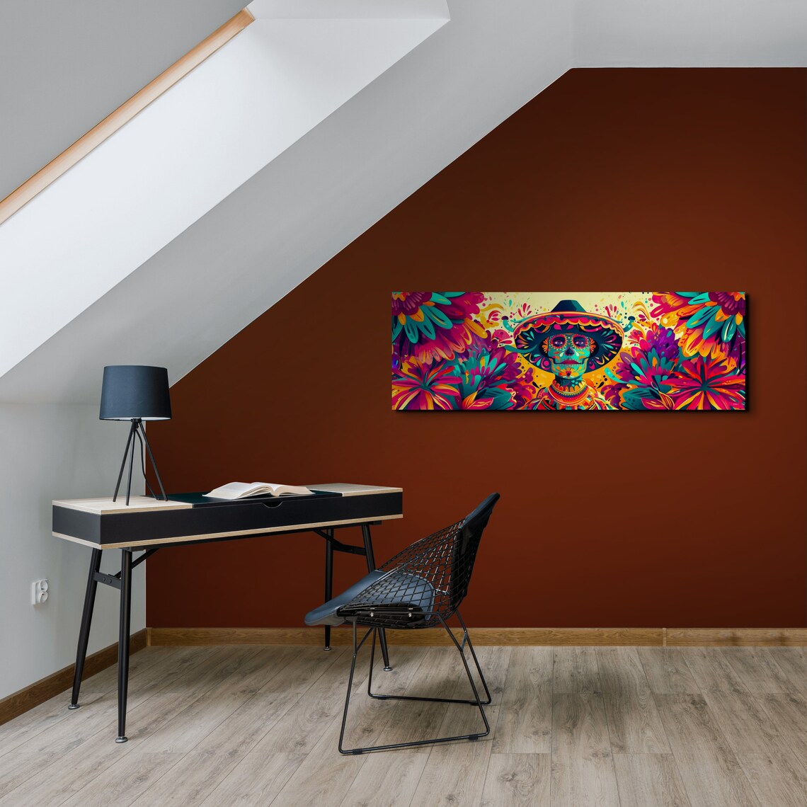 Sugar Skull Wearing a Sombrero in Bright Mexican Floral Art Poster - Image 4