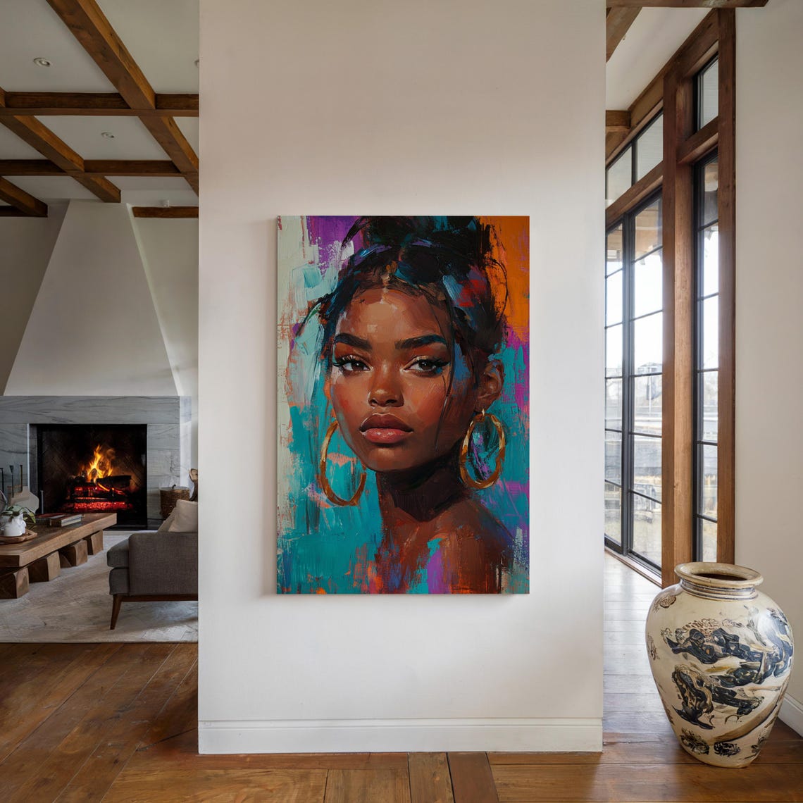 Vibrant Woman Portrait Gold Hoop Earrings Bold Abstract Modern Poster - Image 5