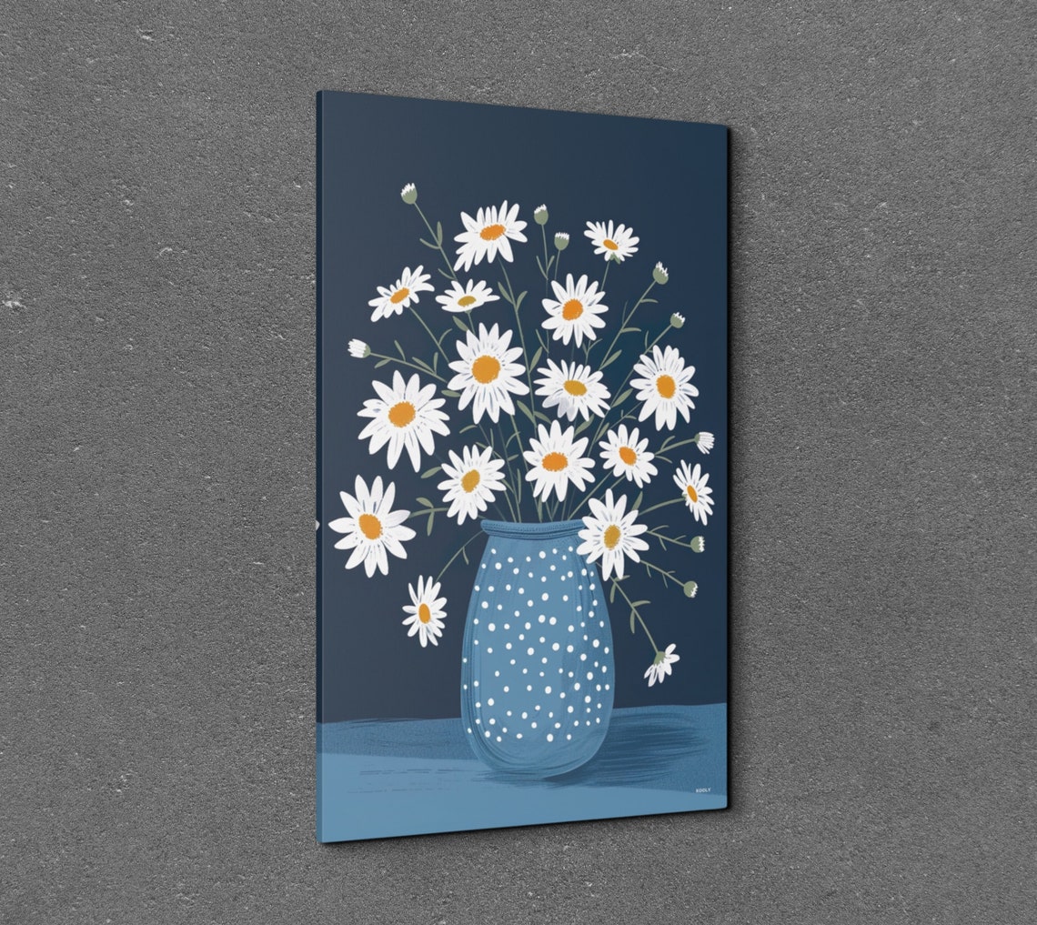 White Daisies In Blue Polka Dot Vase On Navy Background Poster - Image 3