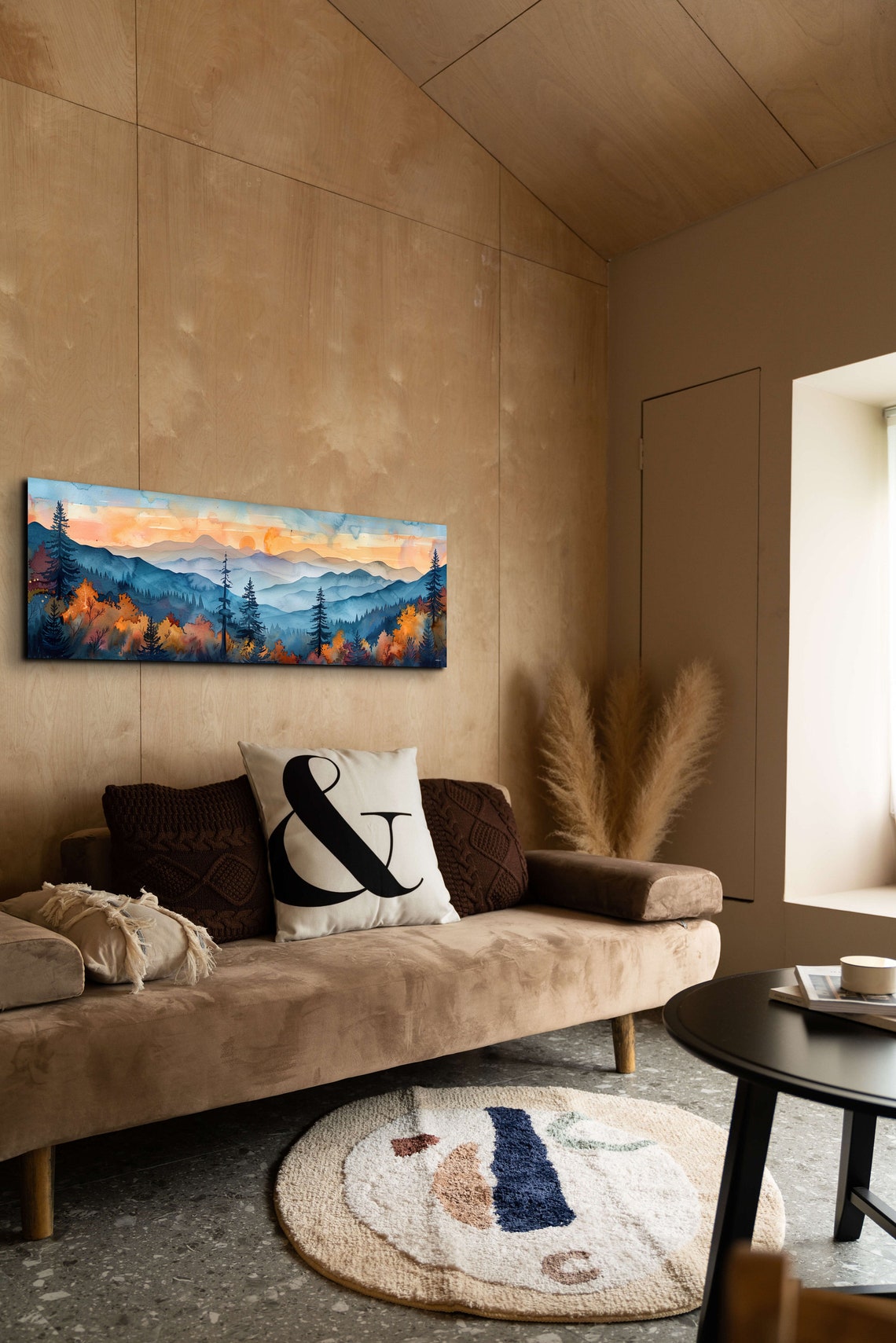 Sunset Over Mountain Ridges Autumn Pines Watercolor Panorama Poster - Image 4