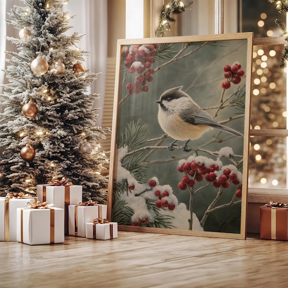 Chickadee On Snowy Branch, Winter Bird Art Print