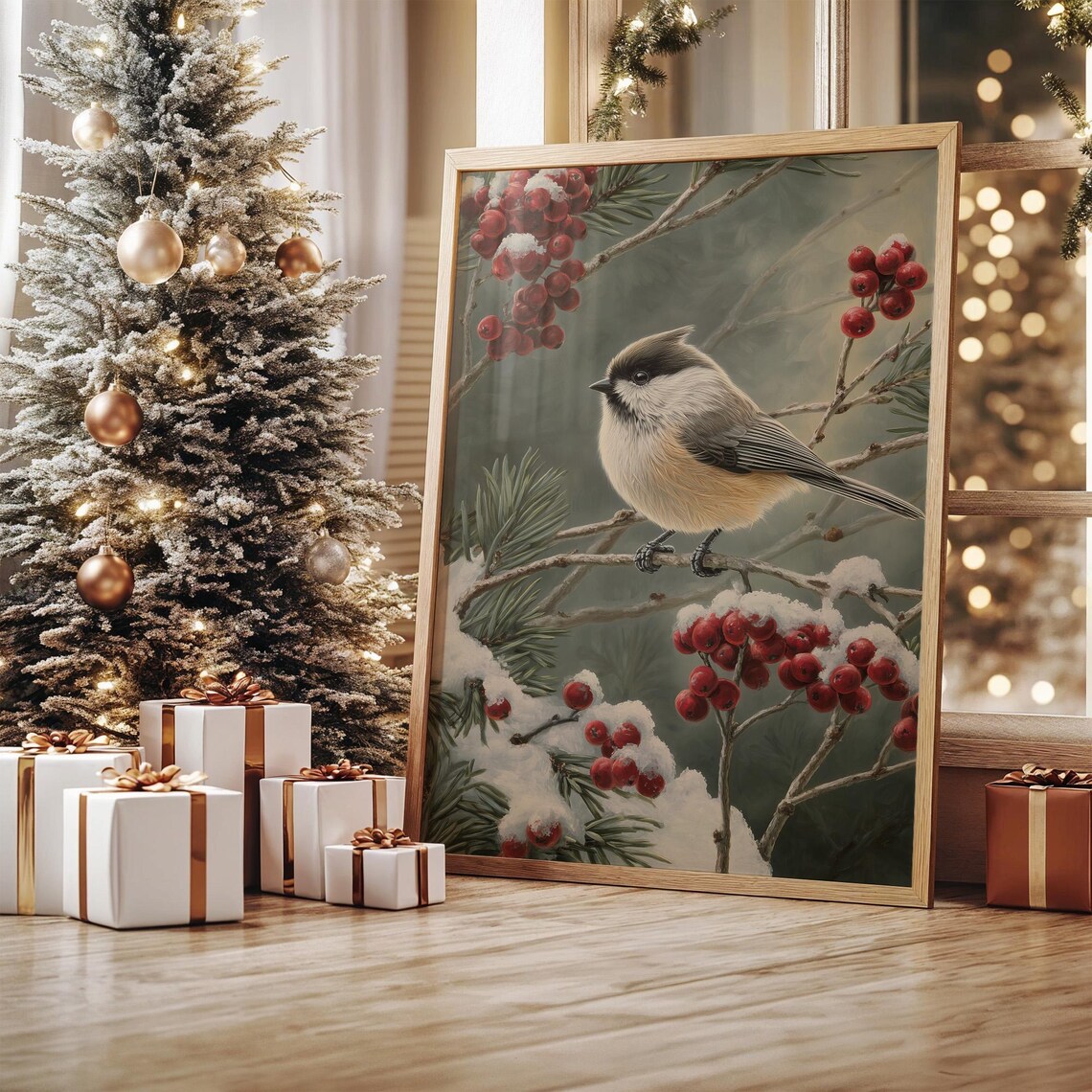 Chickadee On Snowy Branch, Winter Bird Art Print