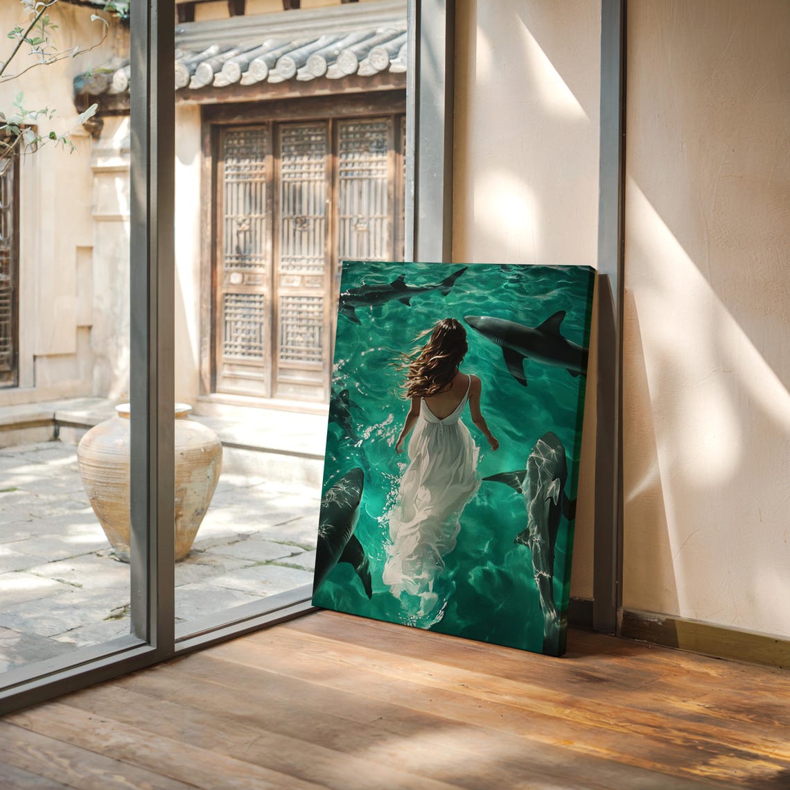 Woman in White Dress with Sharks Ethereal Ocean Surreal Art Poster - Image 4