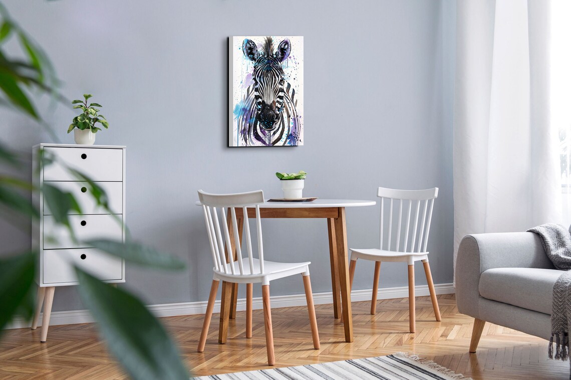 Zebra Front Portrait Watercolor Blue And Purple Paint Splash Art Poster - Image 7