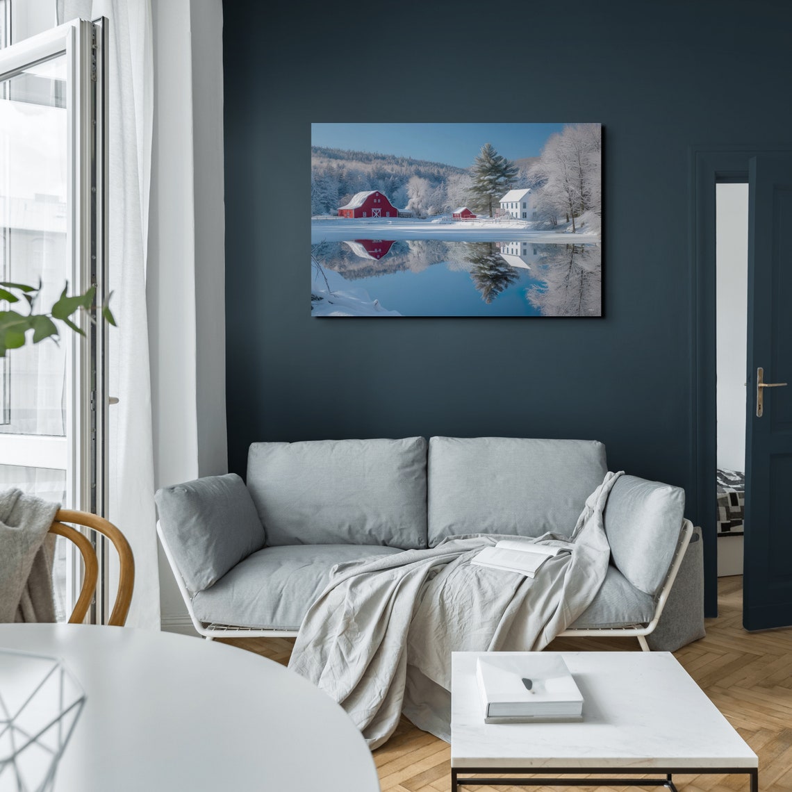 Cozy Winter Red Barn Farmhouse on Frozen Lake Reflection Poster - Image 4