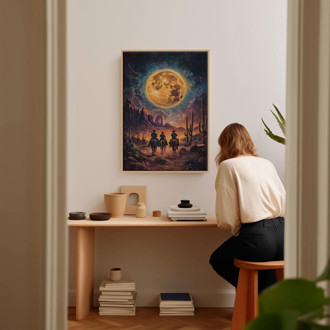 Moonlit Western Desert Wall Art Cowboys Under Starry Sky - Image 3