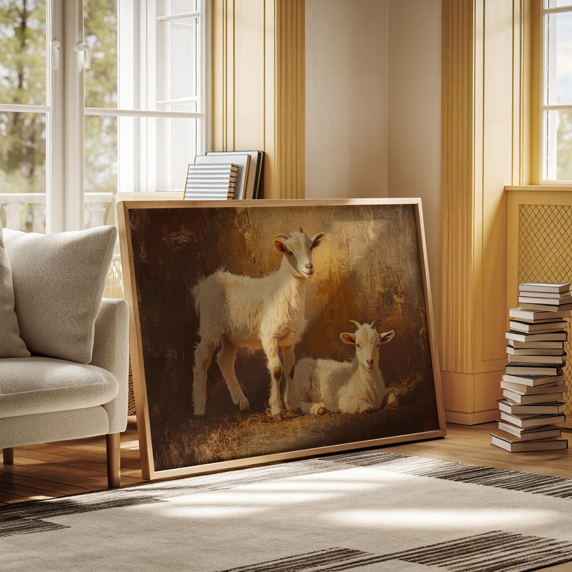 Baby Goats Resting Rustic Oil Painting Art Print