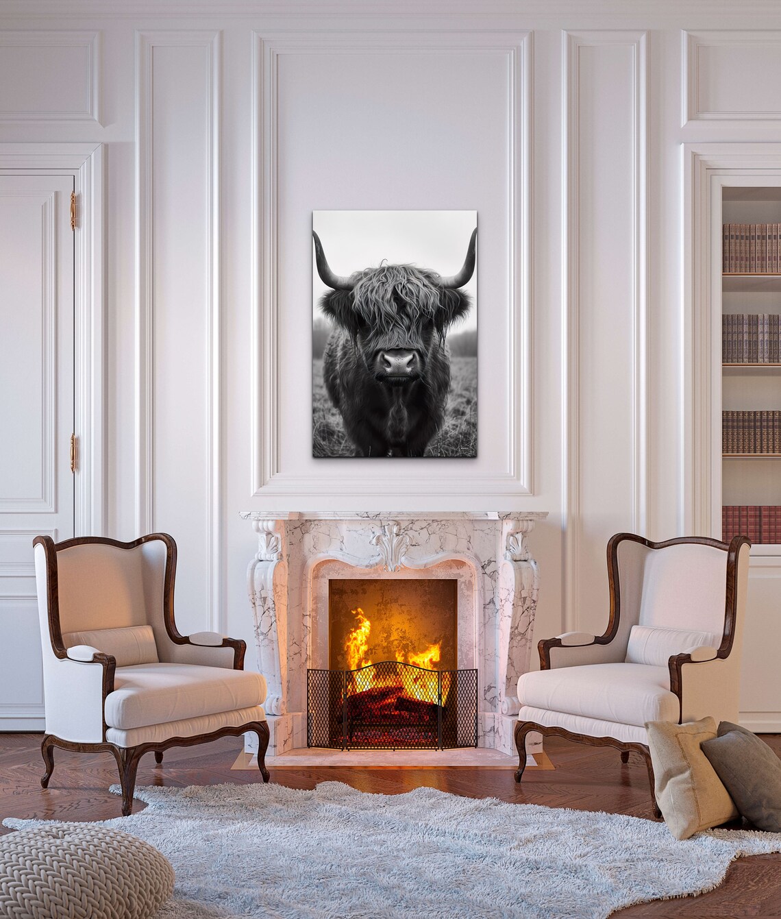 Black And White Highland Cow Close Up Shaggy Portrait Wall Art - Image 4