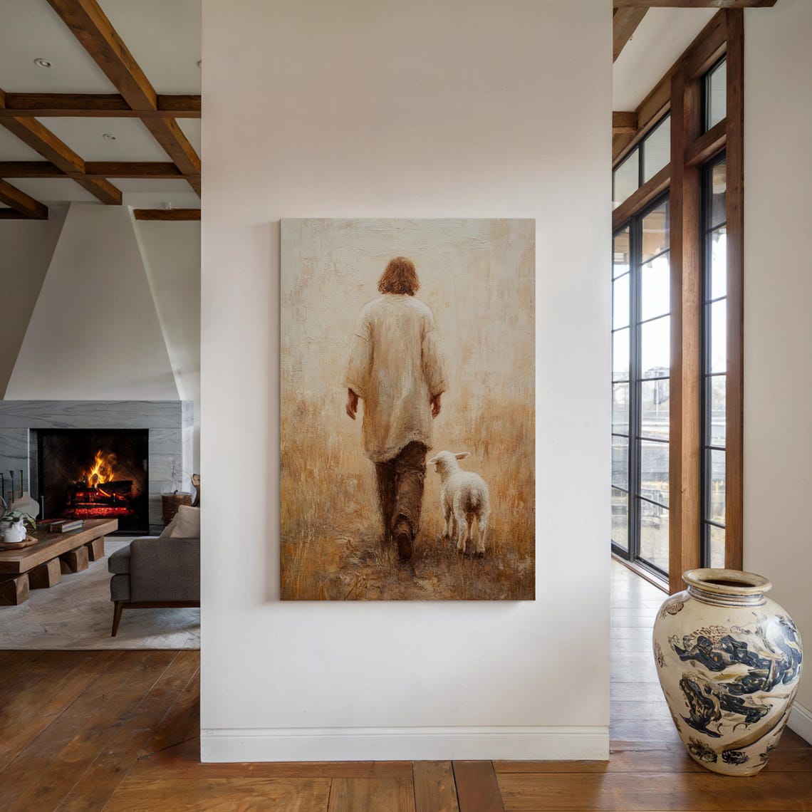 Jesus Walking Away Through a Golden Field With a Lamb Following Poster - Image 4