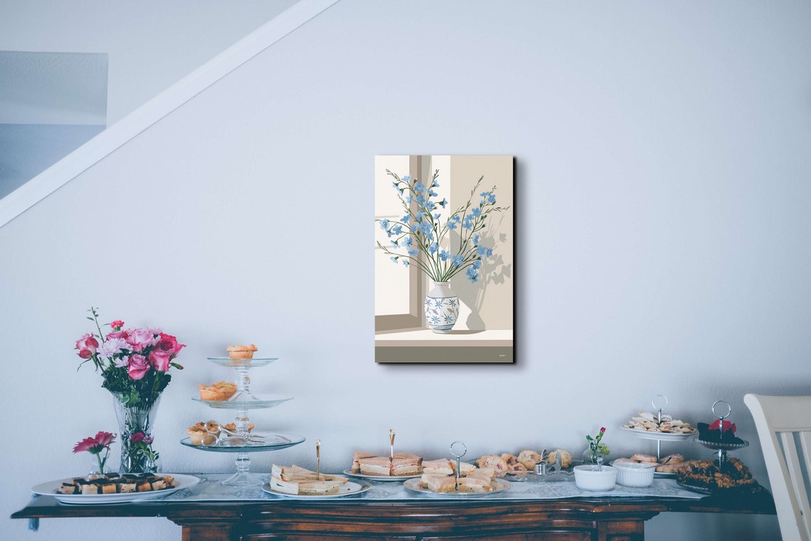 Blue Flowers in Patterned Vase by Sunlit Window Minimalist Art Poster - Image 4
