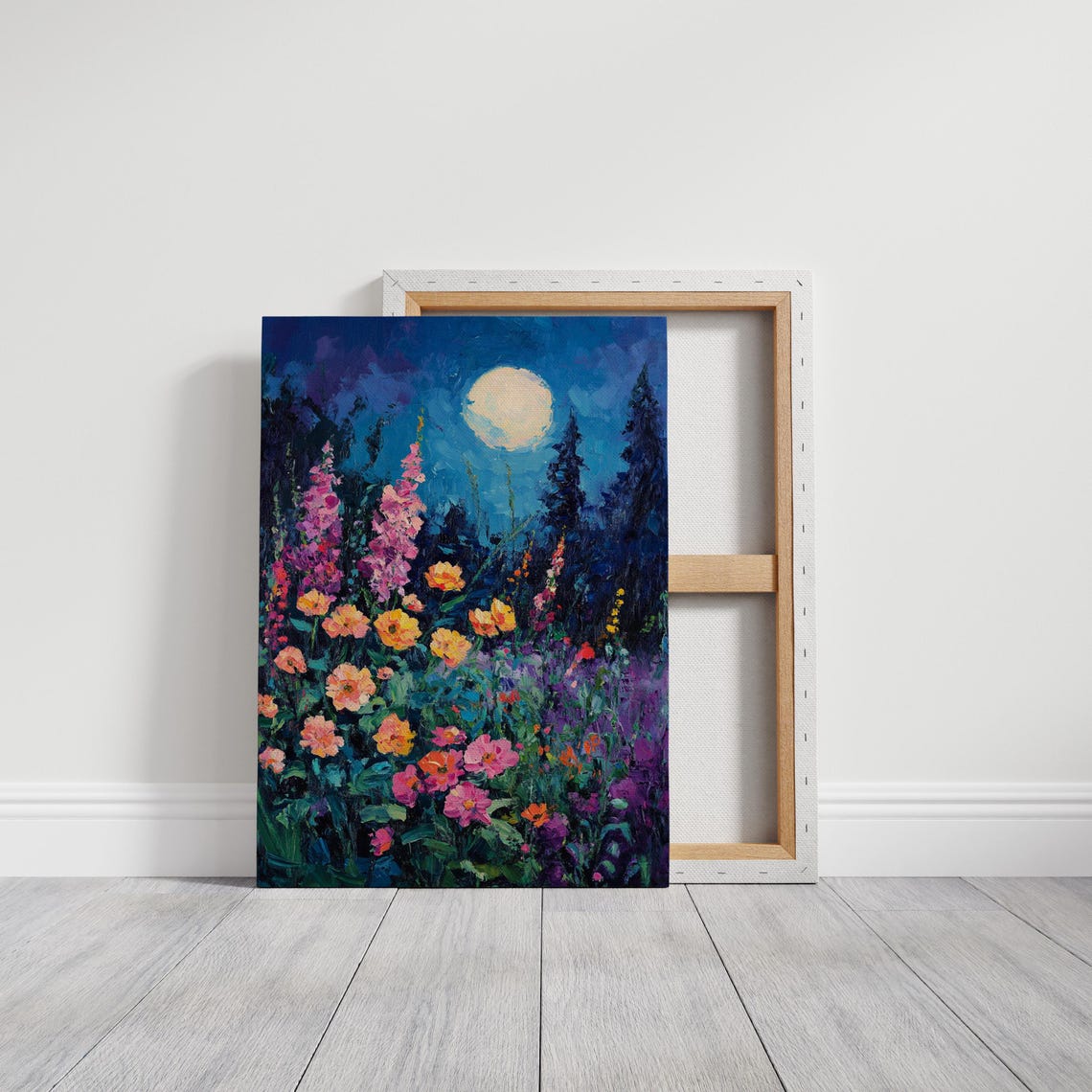 Moonlit Wildflower Meadow Full Moon Floral Night Landscape Poster - Image 3