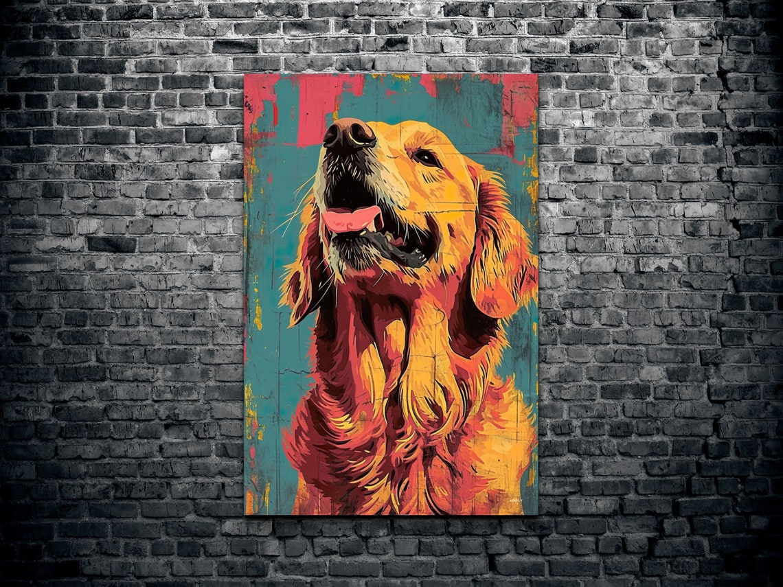 Joyful Golden Retriever Looking Up in Warm Pop Art Style Poster - Image 2