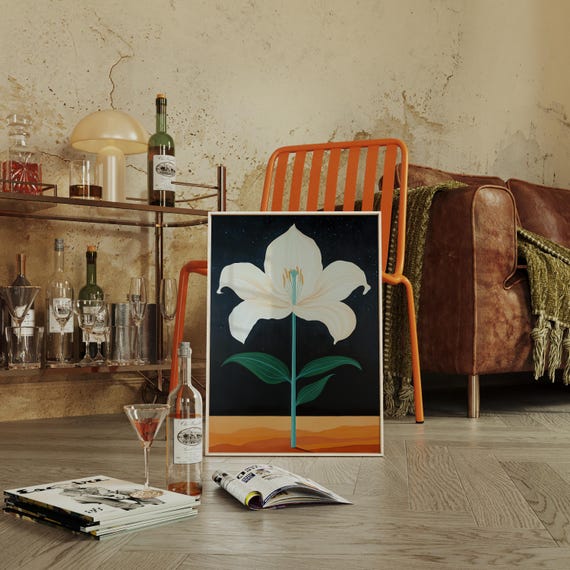 White Lily Under Night Sky Surreal Floral Wall Art