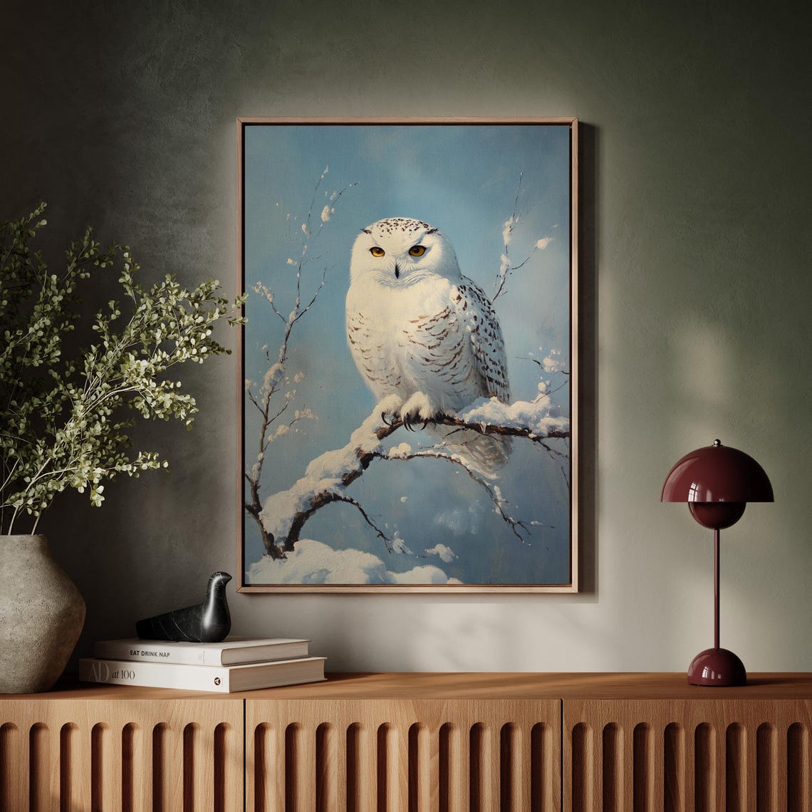 Majestic Snowy Owl Perched on Snowy Branch Winter Wildlife Art Print - Image 5