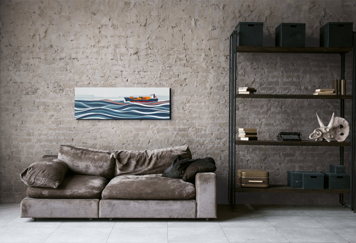 Bold Navy Cargo Ship Sailing Stylized Blue Waves Panoramic Poster - Image 5