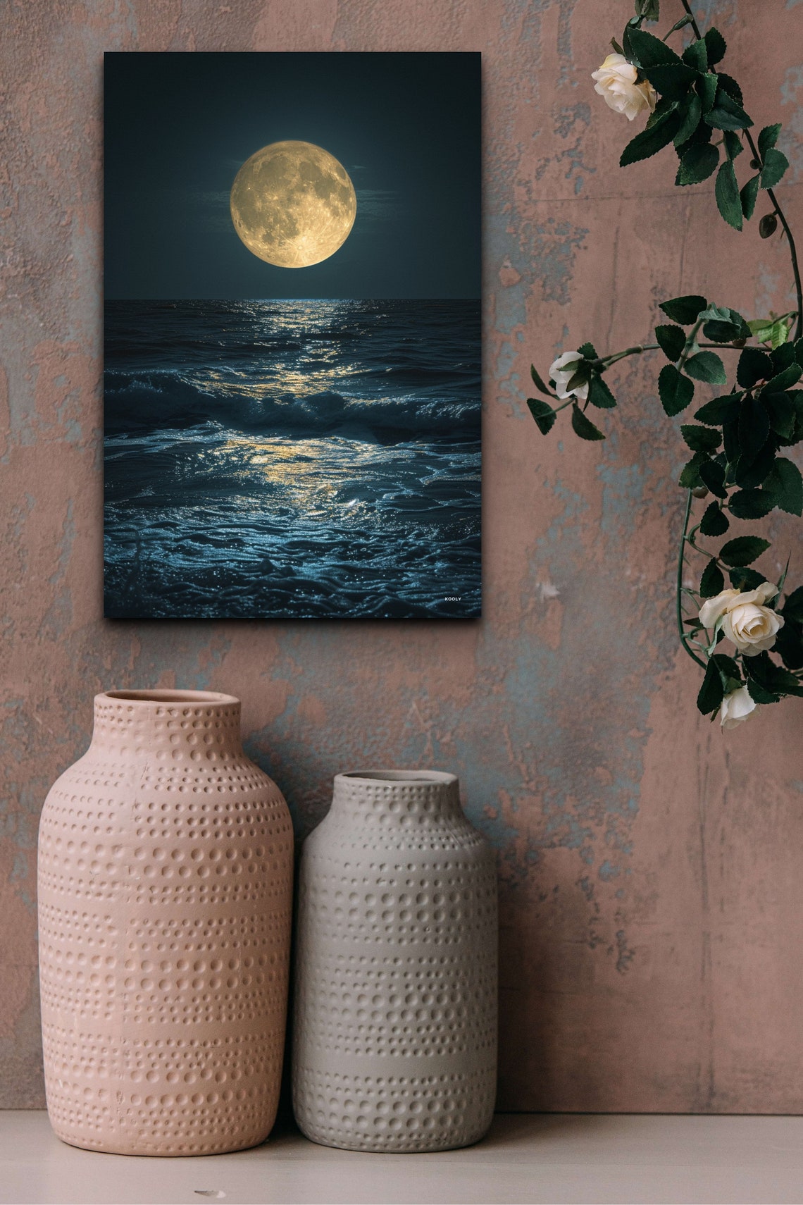 Full Moon Over Ocean Waves Night Sea Photography Panorama Wall Art - Image 3