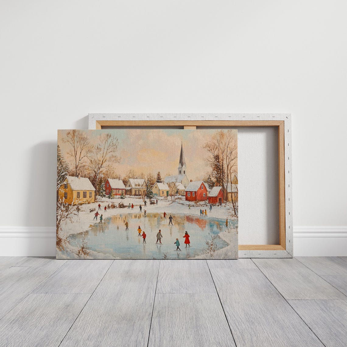 Charming Winter Village Ice Skating Pond Snowy Festive Scene Poster - Image 3