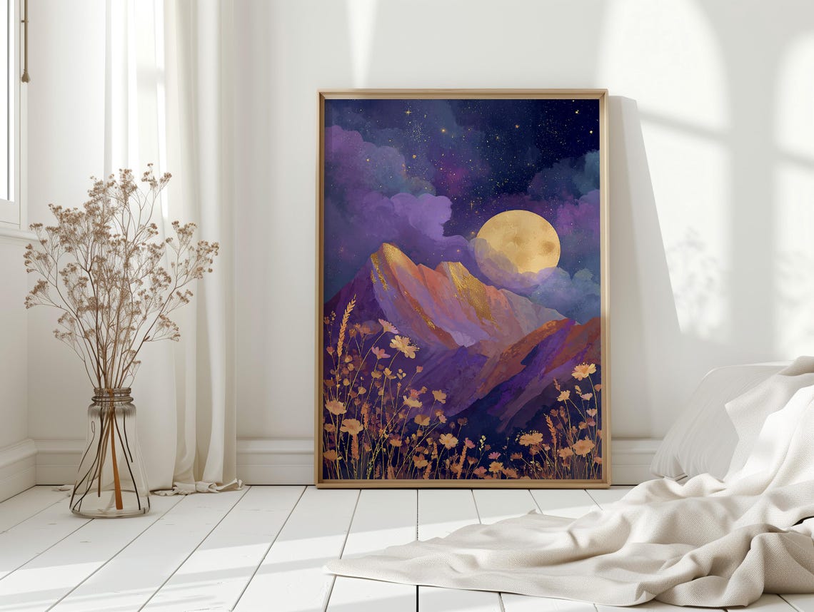 Mystical Moonlit Mountain Landscape With Golden Peaks Wall Art