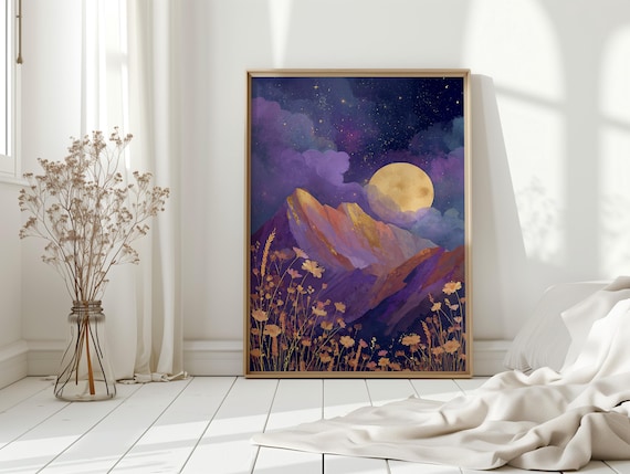 Mystical Moonlit Mountain Landscape With Golden Peaks And Wildflowers Starry Night Sky Wall Art Purple Gold Celestial Nature Print
