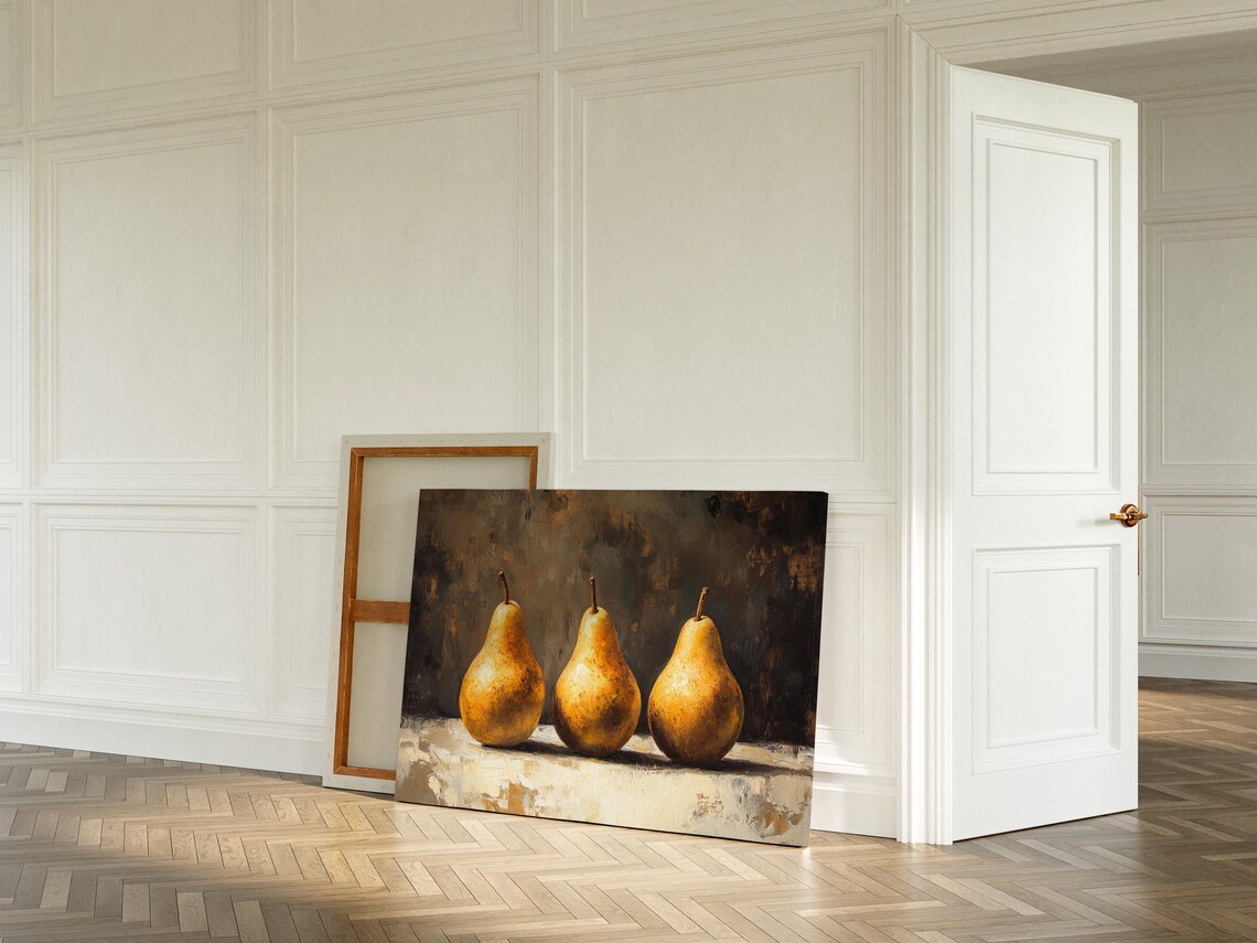 Golden Pear Still Life Rustic Kitchen Wall Art Vintage Fruit Painting Textured Oil Artwork Farmhouse Dining Room Decor - Image 3