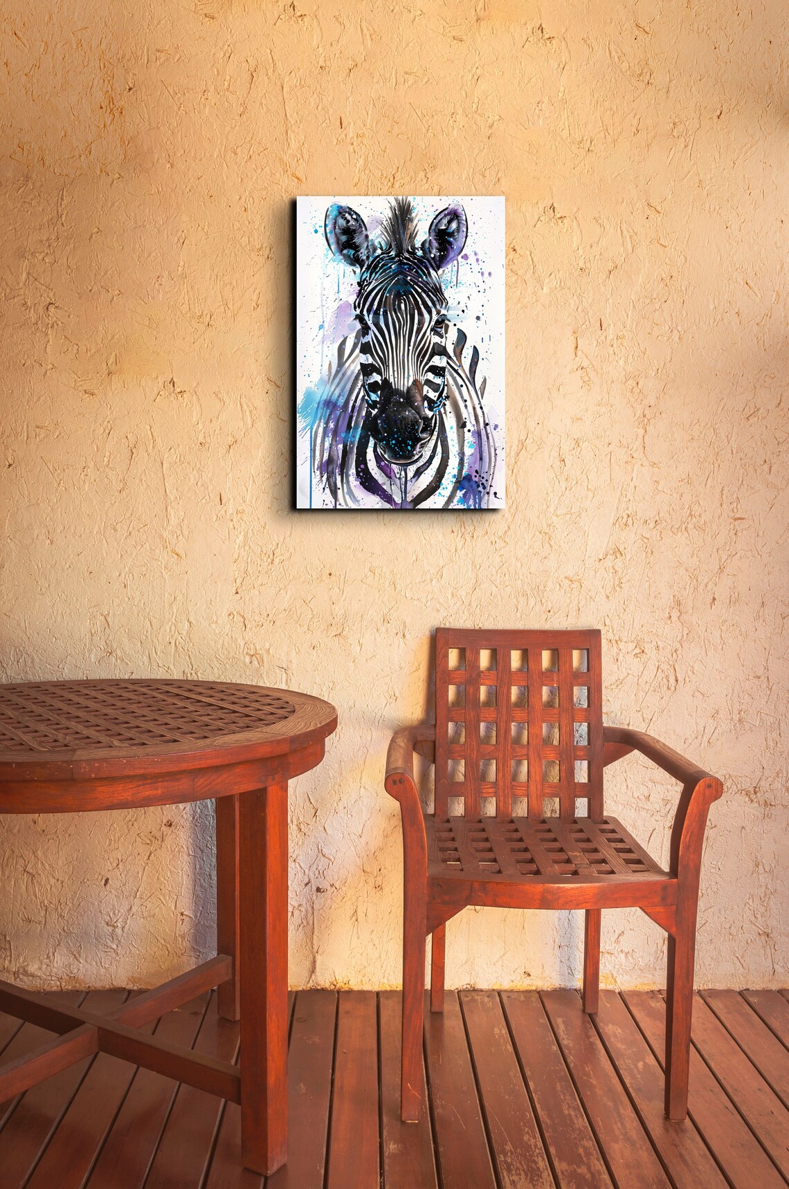 Zebra Front Portrait Watercolor Blue And Purple Paint Splash Art Poster - Image 5