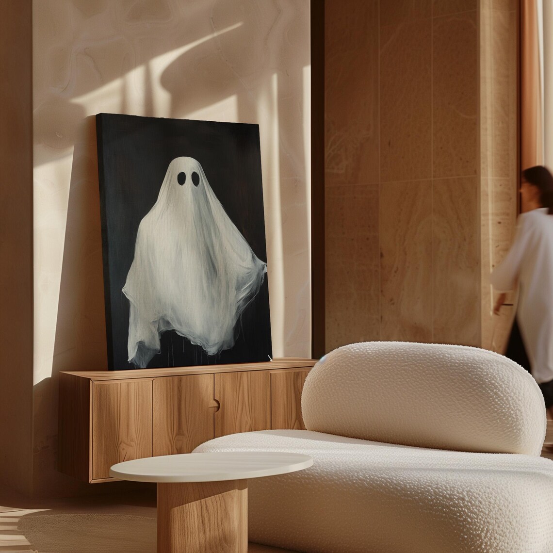 Minimalist White Sheet Ghost on Black Background Spooky Halloween Poster - Image 7