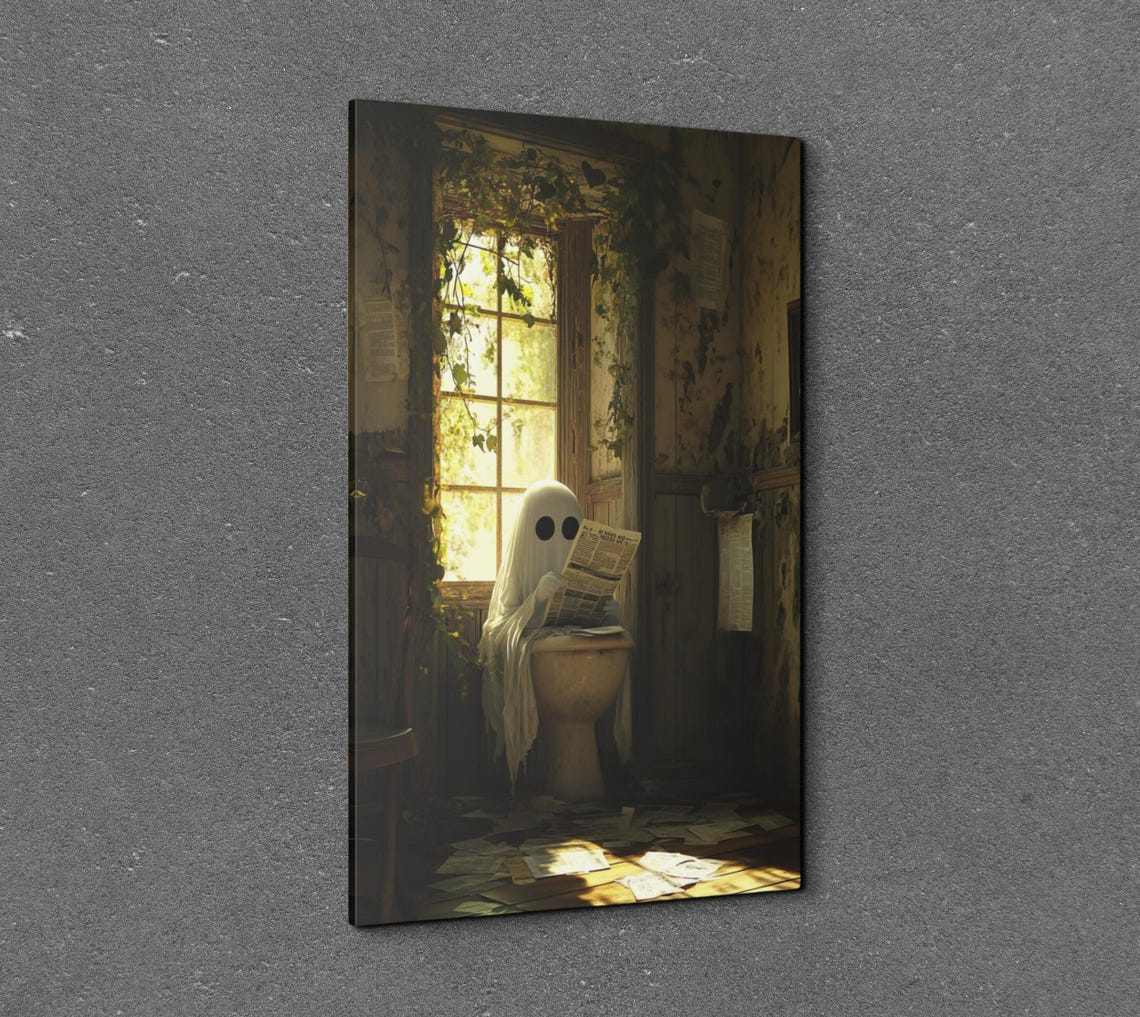 Funny Ghost Reading Newspaper on Toilet in Rustic Bathroom Poster - Image 7